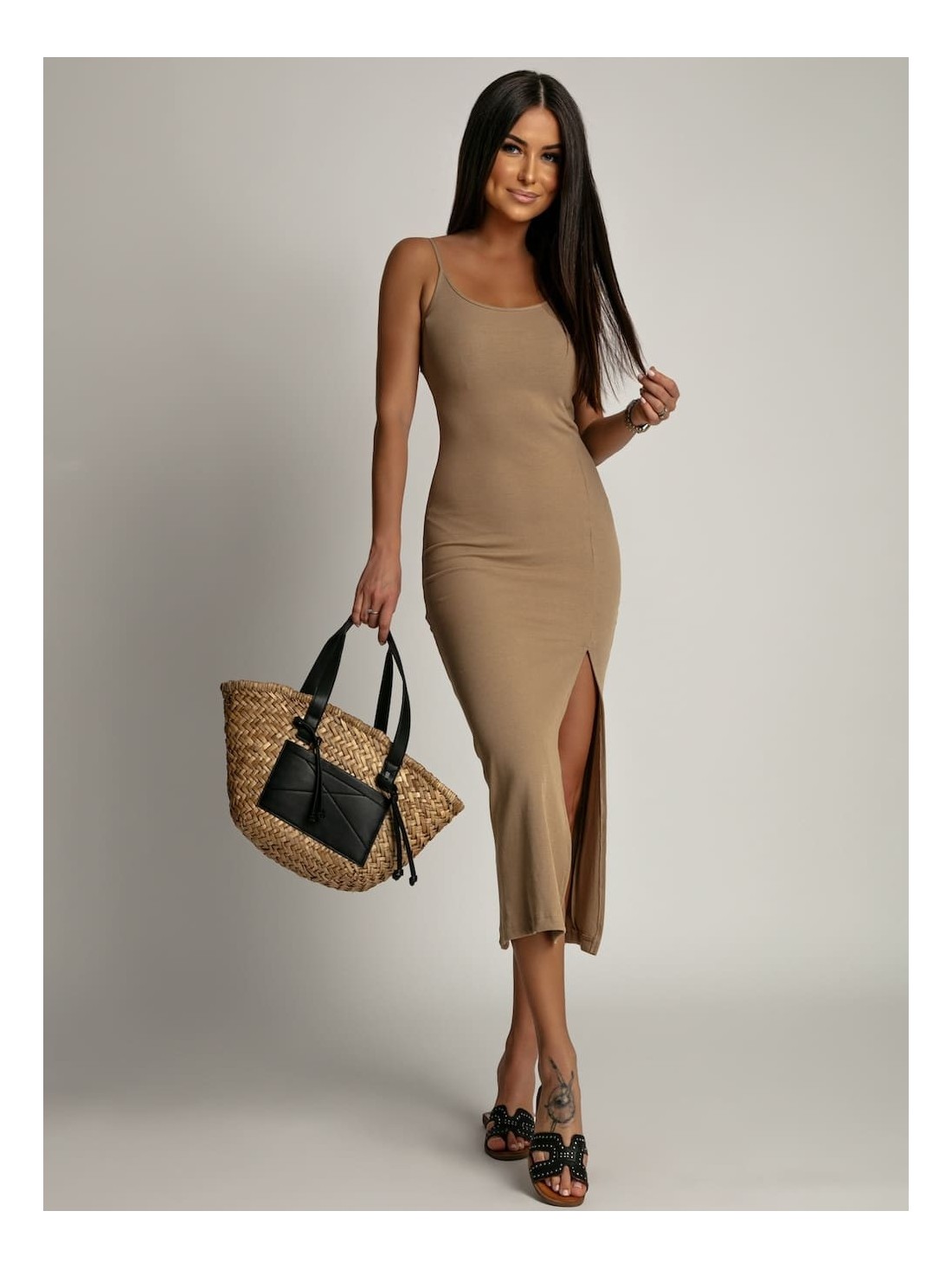 Midi dress with a slit, light beige FG667 - Online store - Boutique